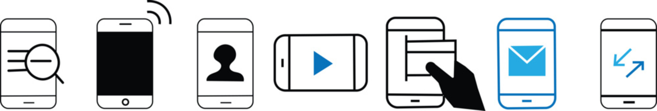 Different variations of holding a modern smartphone. Mobile Business and E-commerce Icon Set: Payment, Shopping, and Cloud. Smartphone Interaction Icons: Touch Gestures, Photography, and Music
