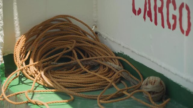 Coiled rope on ship deck cargo, sunlit corner with green paint and white hull, tangled lines and frayed fibers, round buoy fender beside pile, strong shadows and textured surface, quiet mooring scene