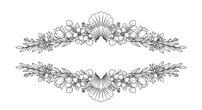 Elegant floral frame illustration with leaves flowers and seashell details