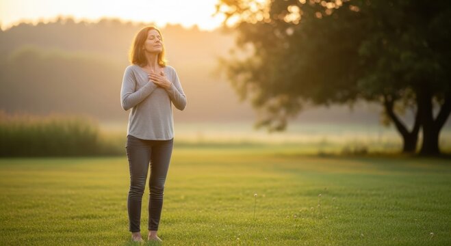 Middle-aged woman finding peace and serenity standing outdoors during golden hour