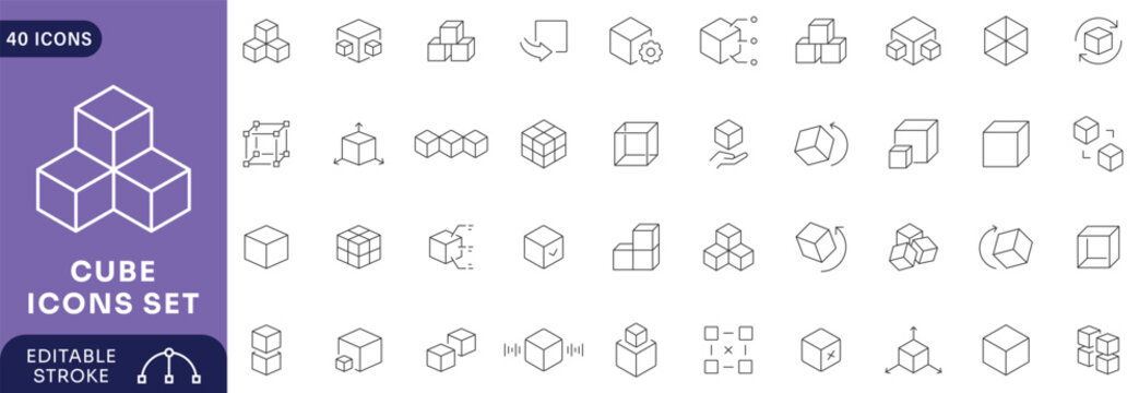 Cube icon set. Outline Icon Collection. Editable stroke