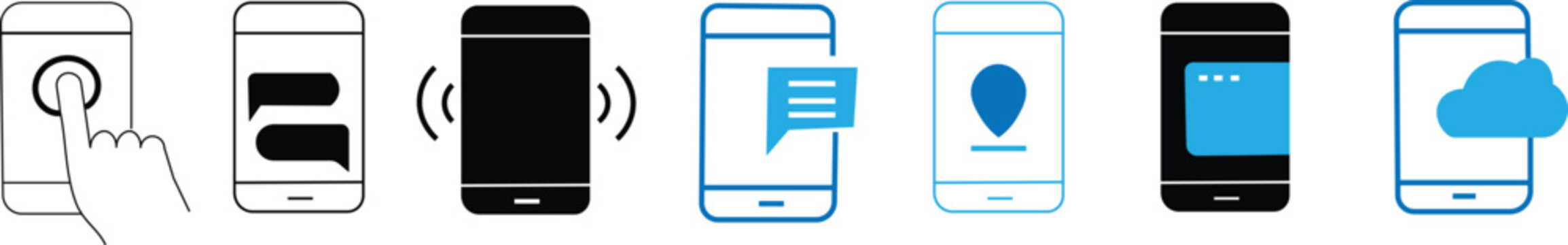 20 Minimalist Smartphone App Icons for Mobile Interface Design. Different variations of holding a modern smartphone. Clean Vector Outline Mobile Device Icons with Blue Accent Details. 