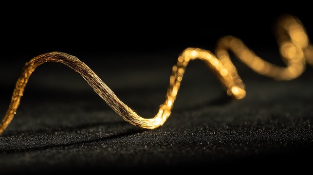 Extreme macro of a braided golden copper wire in a spiral wave pattern on a dark textured background with dramatic bokeh lighting.