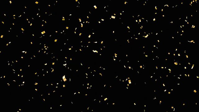 4K Confetti Celebration Falling On black background. Gold Confetti Particles failing animation for overlay. 3D exploding confetti effect.
