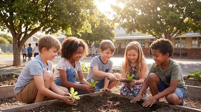 diverse children friendship gardening school teamwork nature closeup with group of kids planting seedlings together suggesting inclusion cooperation sustainability education and community activity