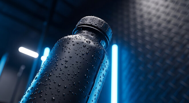 Close-up of a water bottle with droplets in a gym with blue neon lights.