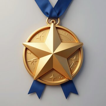 Golden Star Award Medal on Blue Ribbon Isolated