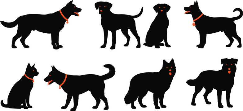 Dog Silhouettes, Black Dogs, Orange Collars, Vector Icons, Pet Illustrations, Animal Graphics