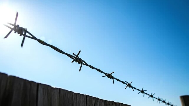 Barbed wire fence against a clear blue sky with sunny glow.