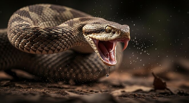 Close-up of a striking rattlesnake with its mouth open, showing fangs and spitting venom in a dynamic defensive pose