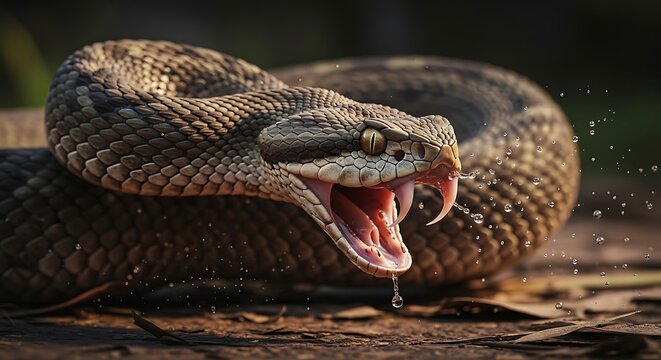 Close-up of a dangerous viper with wide-open mouth, extended fangs, and venom dripping, showcasing its predatory nature in the wild