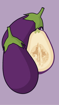 A beautiful and modern vertical digital illustration featuring a fresh eggplant composition set against a solid minimalist light purple background. The creative kitchen artwork displays a balanced cul