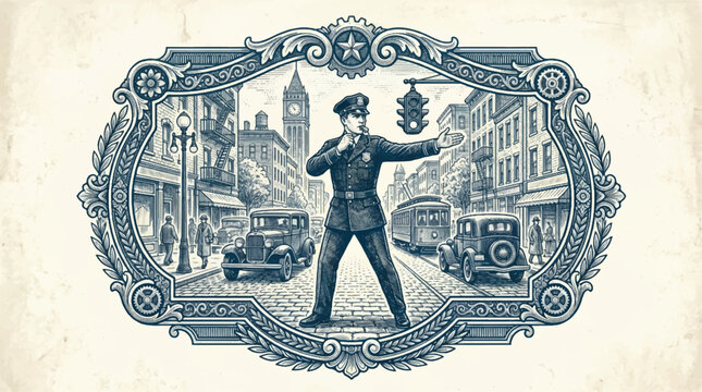 Vintage illustration of a policeman directing traffic in a city setting
