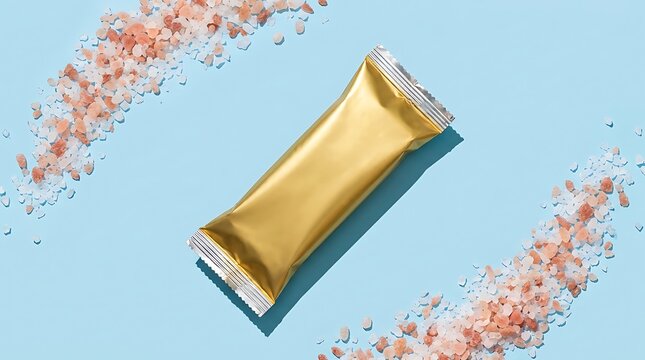 Golden protein bar mockup on light blue background with pink Himalayan sea salt crystals flat lay composition for healthy snack packaging design