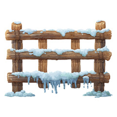 Obraz premium Rustic wooden fence posts frosted with snow and icicles