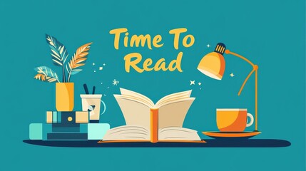 Obraz premium Open book, tea, lamp, plants; reading time.