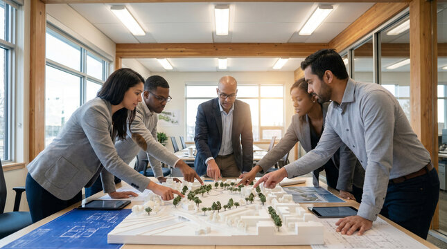 A 3D-printed architectural scale model of a community park sitting on a presentation table in a planning office, urban designers pointing to 3