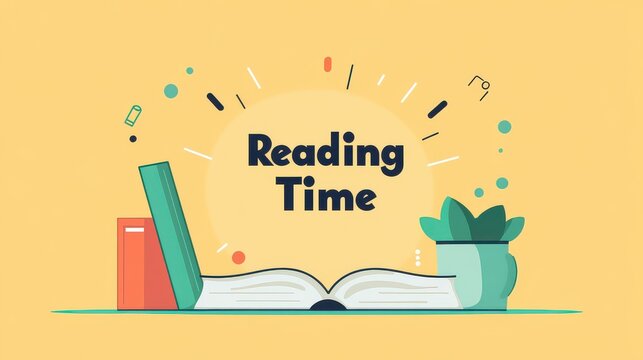 Open book, plant, and text "Reading Time" on yellow background.
