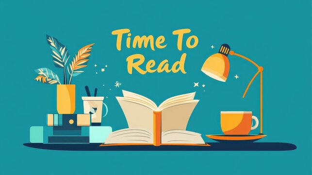 Open book, tea, lamp, plants; reading time.