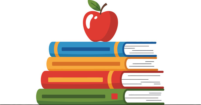 Stack of colorful school books with an apple on top neatly arranged horizontally