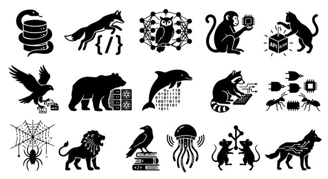 A collection of minimalist black and white animal silhouettes integrated with various technology and data concepts, representing AI, programming, cybersecurity, and digital innovation.