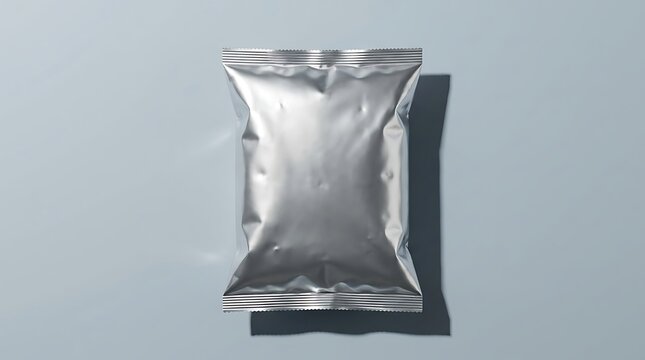 Minimalist Silver Glossy Snack Pouch Mockup High Angle View for Branding and Label Design Shiny Foil Bag for Food Packaging Industry