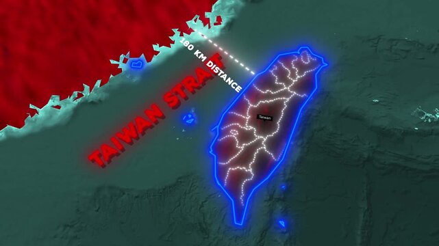 Geopolitical Map Animation of Taiwan Strait and China Strategic Distance Visualization with National Flag Overlays