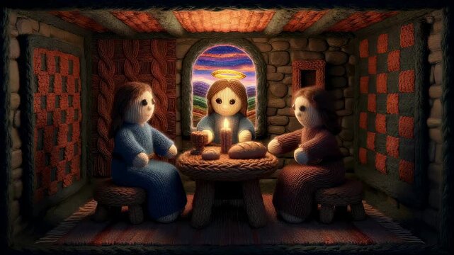Knitted wool dolls depicting Jesus and disciples at the table. Biblical scene of the Last Supper. Handmade textile figures in a cozy room for religious art.