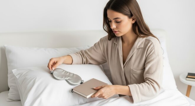 Young woman in pajamas with a book and silk sleep mask in a bright bedroom, preparing for rest