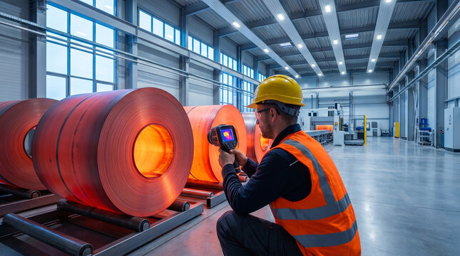 A steel mill maintenance engineer in a hard hat and reflective vest using a handheld thermal scanner to assess heat distribution across a fr 3