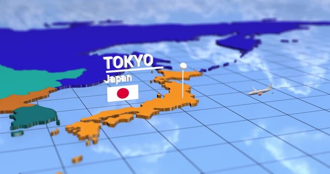 Tokyo japan travel destination map pin flag airplane