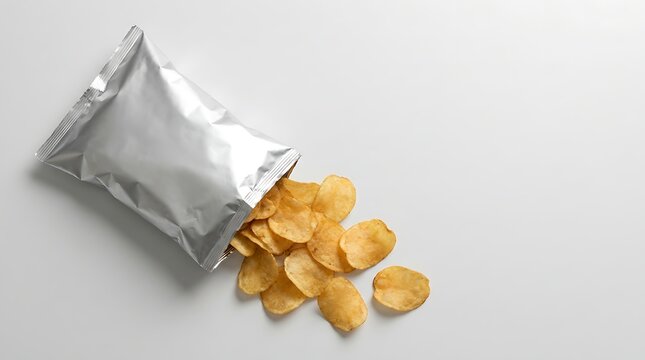 Unlabeled silver foil pouch with scattered potato chips, professional product photography of snack snacks for food industry and packaging design
