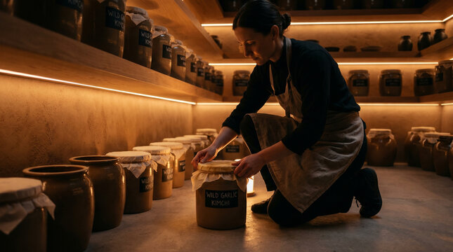 Artisan fermenter hand-sealing ceramic crocks of spring-harvested wild garlic kimchi with wax-dipped cloth covers in a dimly lit root cellar 3