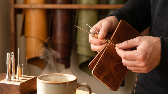 Artisan leather goods maker stitching a hand-cut wallet using a saddle stitch technique at a workbench hung with swaths of vegetable-tanned 3