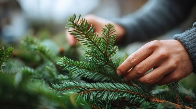Close-up of a hand arranging fresh evergreen branches for holiday decoration, showcasing vibrant green foliage and natural textures in a blurred outdoor setting