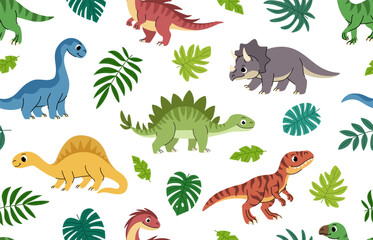 Bright children dinosaurs seamless pattern. Prehistoric background with predatory and herbivorous dinosaurs, tropical exotic plants. Cartoon Triceratops, Tyrannosaurus, Brontosaurus. White background. © Ирина Яшкирева