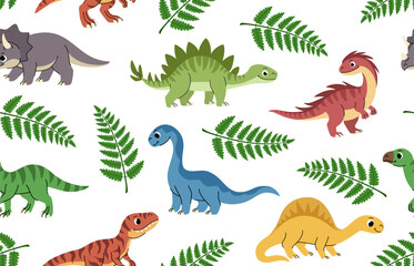 Cartoon dinosaurs children seamless pattern. Prehistoric animals and ferns, Tyrannosaurus rex, Triceratops, Brontosaurus, and others on a white background. © Ирина Яшкирева