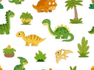 Naklejka premium Cartoon cute children dinosaurs seamless pattern. Prehistoric animals and plants seamless wallpaper on white background.