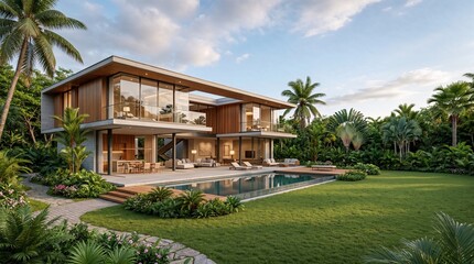 Fototapeta premium Modern tropical luxury house with pool.