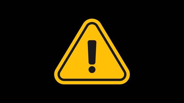 Seamless looping yellow and black triangle warning sign animation with an exclamation mark. Danger and safety caution motion graphic on a transparent alpha channel for alert themes