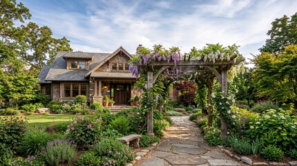 Fototapeta premium Beautiful garden with a house and arbor.
