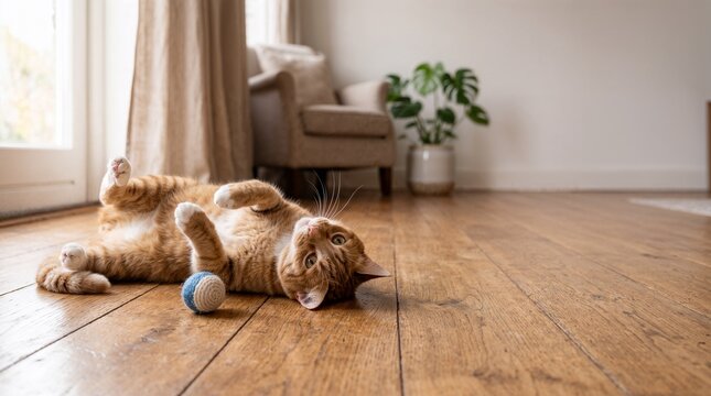 A ginger cat lying on wooden floor.