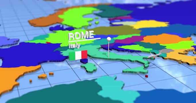 Map of italy rome pinpoint flag airplane animation