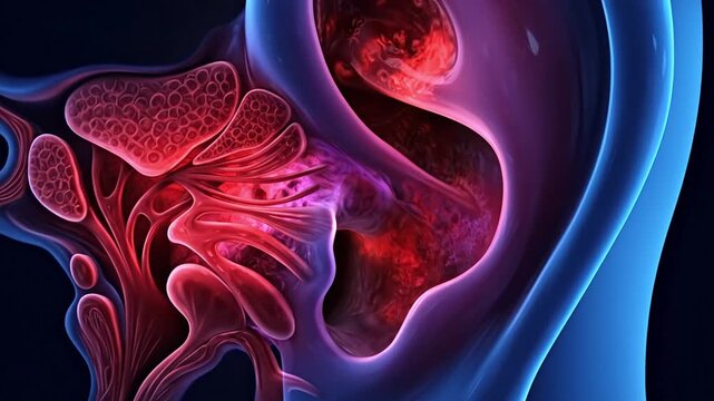 Abstract medical illustration of the human inner ear anatomy, showing auditory structures.