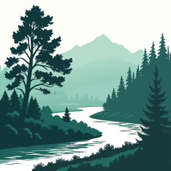 River landscape with forest and mountains stylized vector illustration high quality © yyy