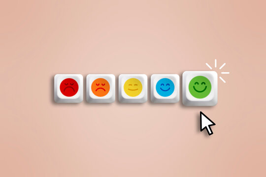 User selecting positive feedback on satisfaction scale with smiley icons. Negative to happy face. Concept customer experience, review systems, user interface design, service quality and online rating.