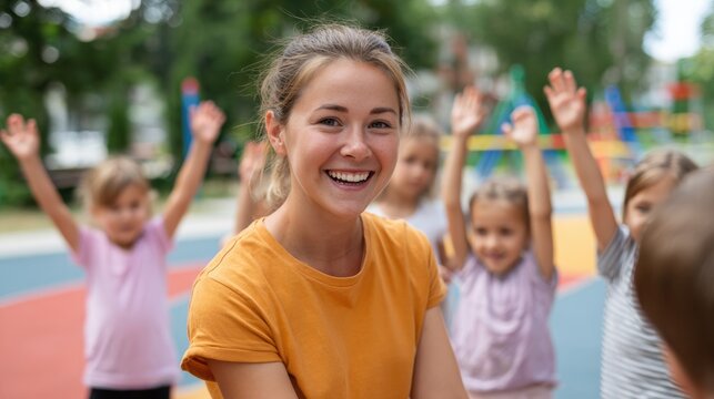 Young female teacher smiling at children in a playground, with several kids raising their hands in the background, colorful play equipment visible