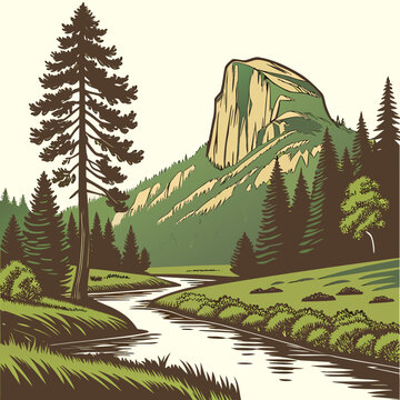 Scenic river landscape with forest and mountain vector illustration high quality