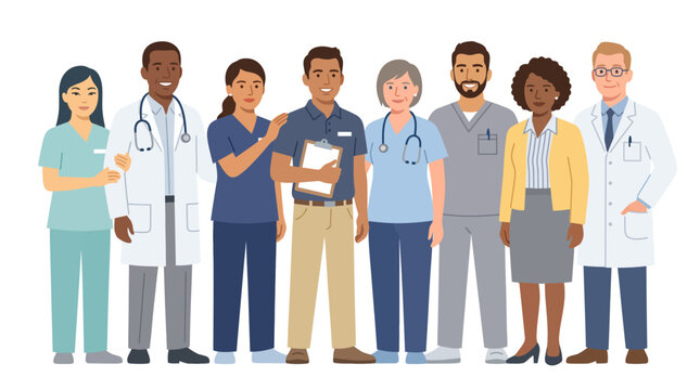 A diverse and inclusive group of healthcare professionals, including doctors, nurses, and administrative staff, standing united, representing a dedicated and inclusive medical team