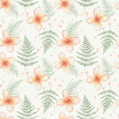 Fototapeta premium Seamless tropical watercolor pattern with pink plumeria frangipani flowers, green fern leaves, and decorative paint splatters on a cream background for fabric and wallpaper.
